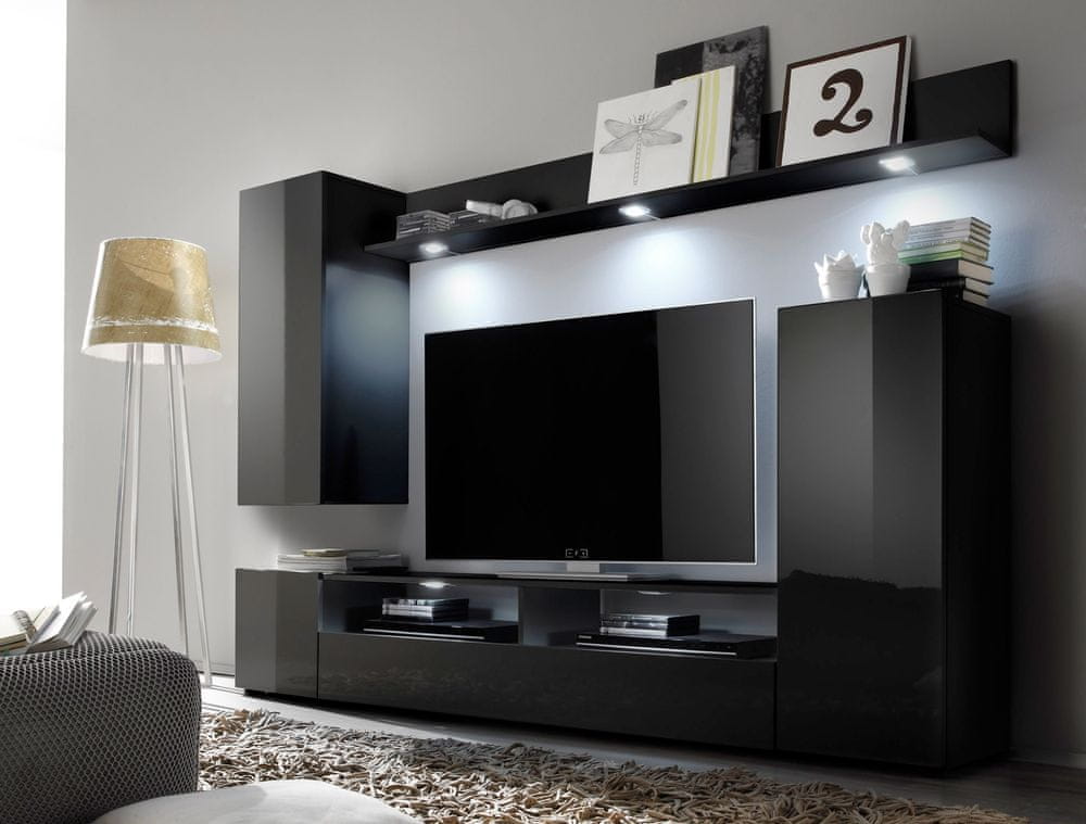 VerDesign LIONE 1 moderná obývacia zostava, čierna/čierny lesk
